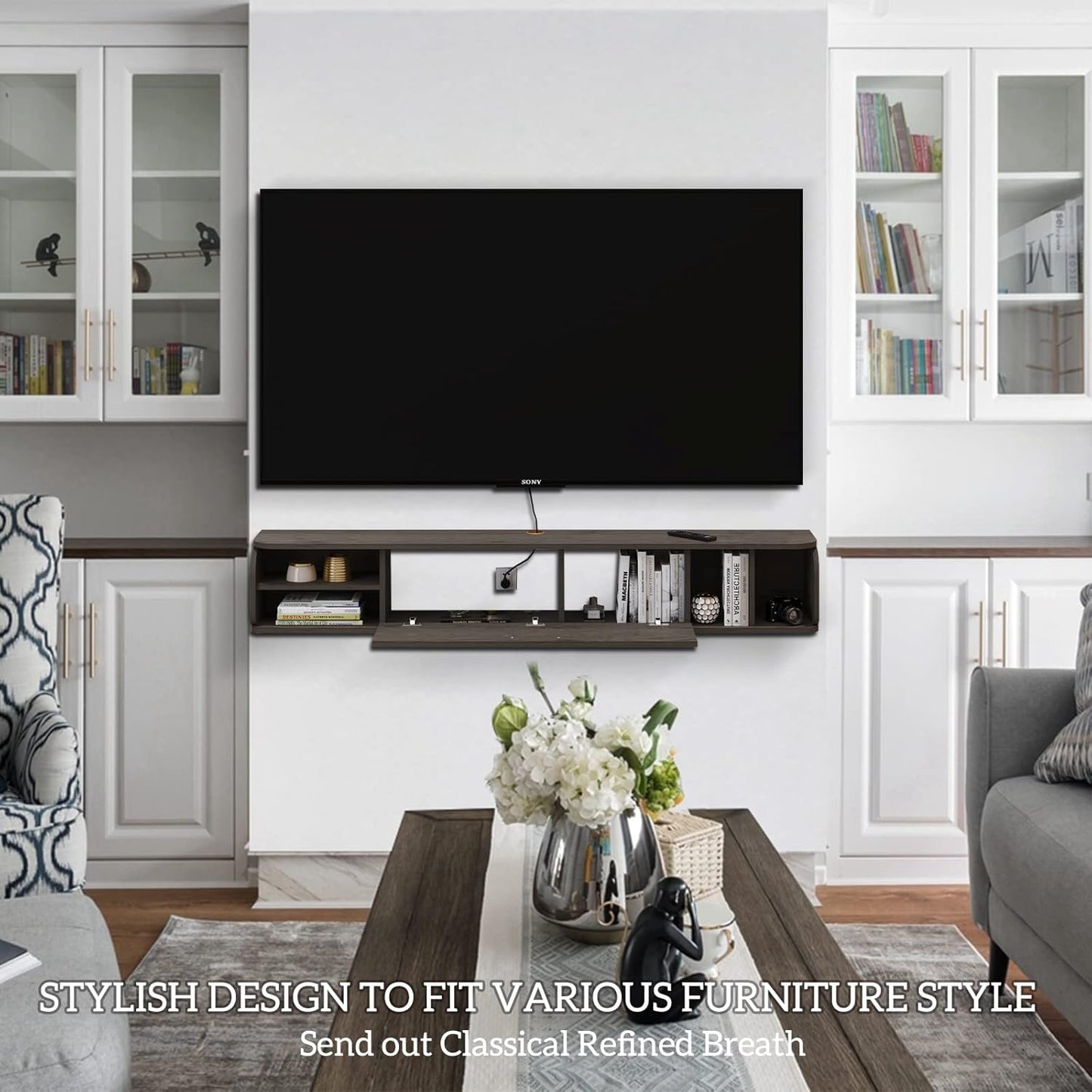 Bixiaomei Floating TV Unit, 58'' Wall Mounted TV Cabinet, Floating Shelves with 4 Cabinets, Wooden Entertainment Media Console Center Large Storage TV Bench for Living Room & Office (58IN, Grey)