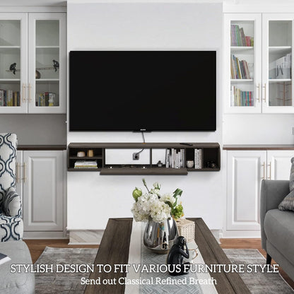 Bixiaomei Floating TV Unit, 58'' Wall Mounted TV Cabinet, Floating Shelves with 4 Cabinets, Wooden Entertainment Media Console Center Large Storage TV Bench for Living Room & Office (58IN, Grey)