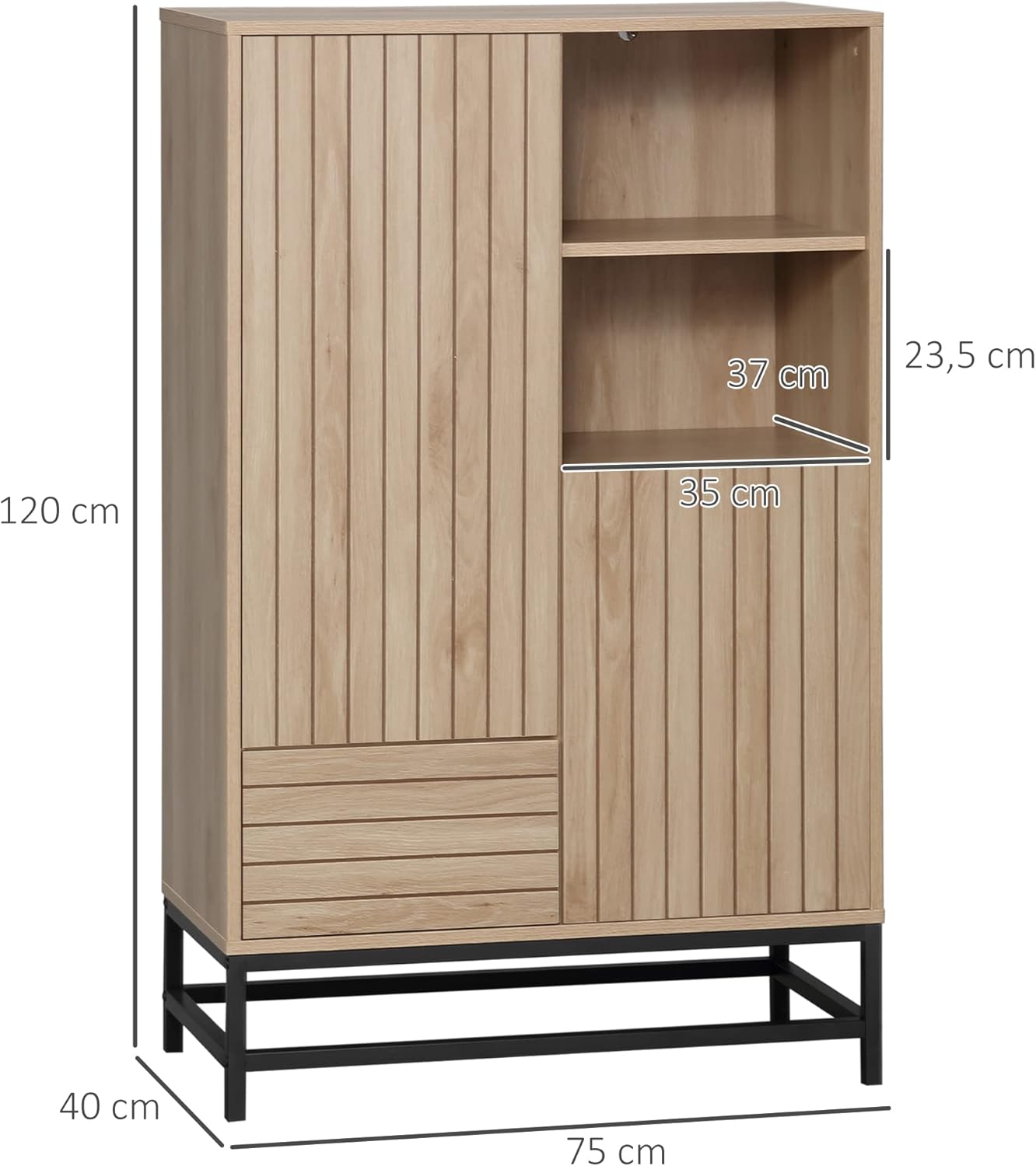 HOMCOM Sideboard Storage Unit with 2 Cupboards, 1 Drawer and 2 Niches, Wood Look – 75 x 40 x 120 cm – MDF and Metal