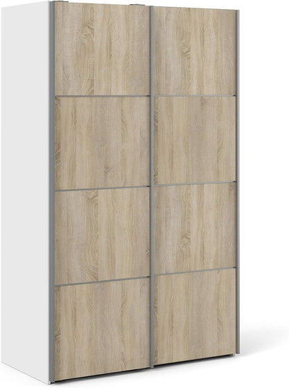 FurniFlex Verona Sliding Wardrobe with Doors and 5 Shelves, 120 cm Size, White/Oak