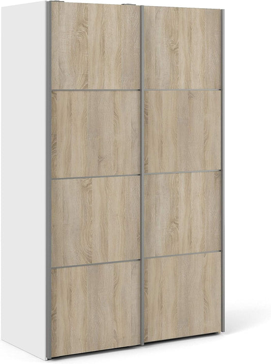 FurniFlex Verona Sliding Wardrobe with Doors and 5 Shelves, 120 cm Size, White/Oak
