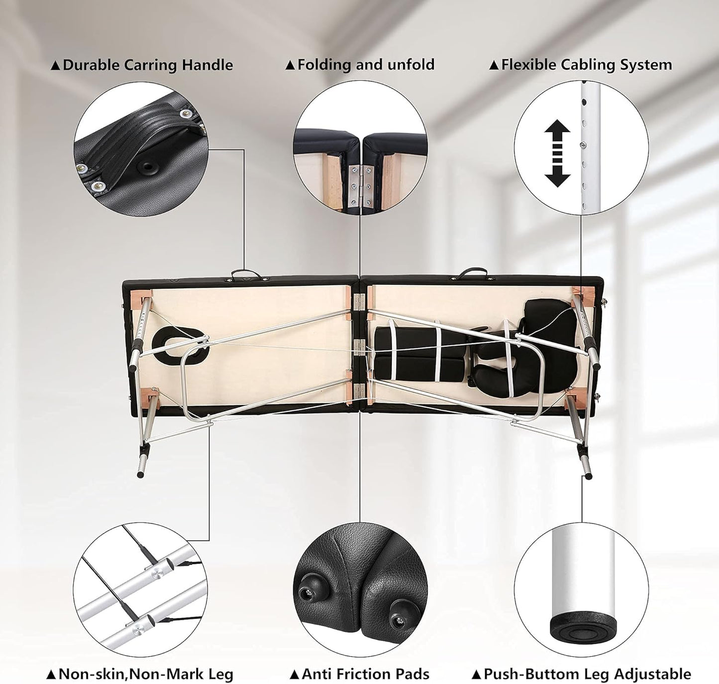 AWQM Massage Table 73 inch Massage Bed Spa Bed Aluminium Frame Height Adjustable 2 Fold Portable Facial Salon Tattoo Bed, Black