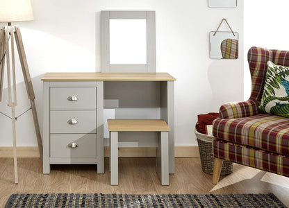 Home Source Grey Dressing Set with Mirror and Stool Jewellery Table, 3 Drawer