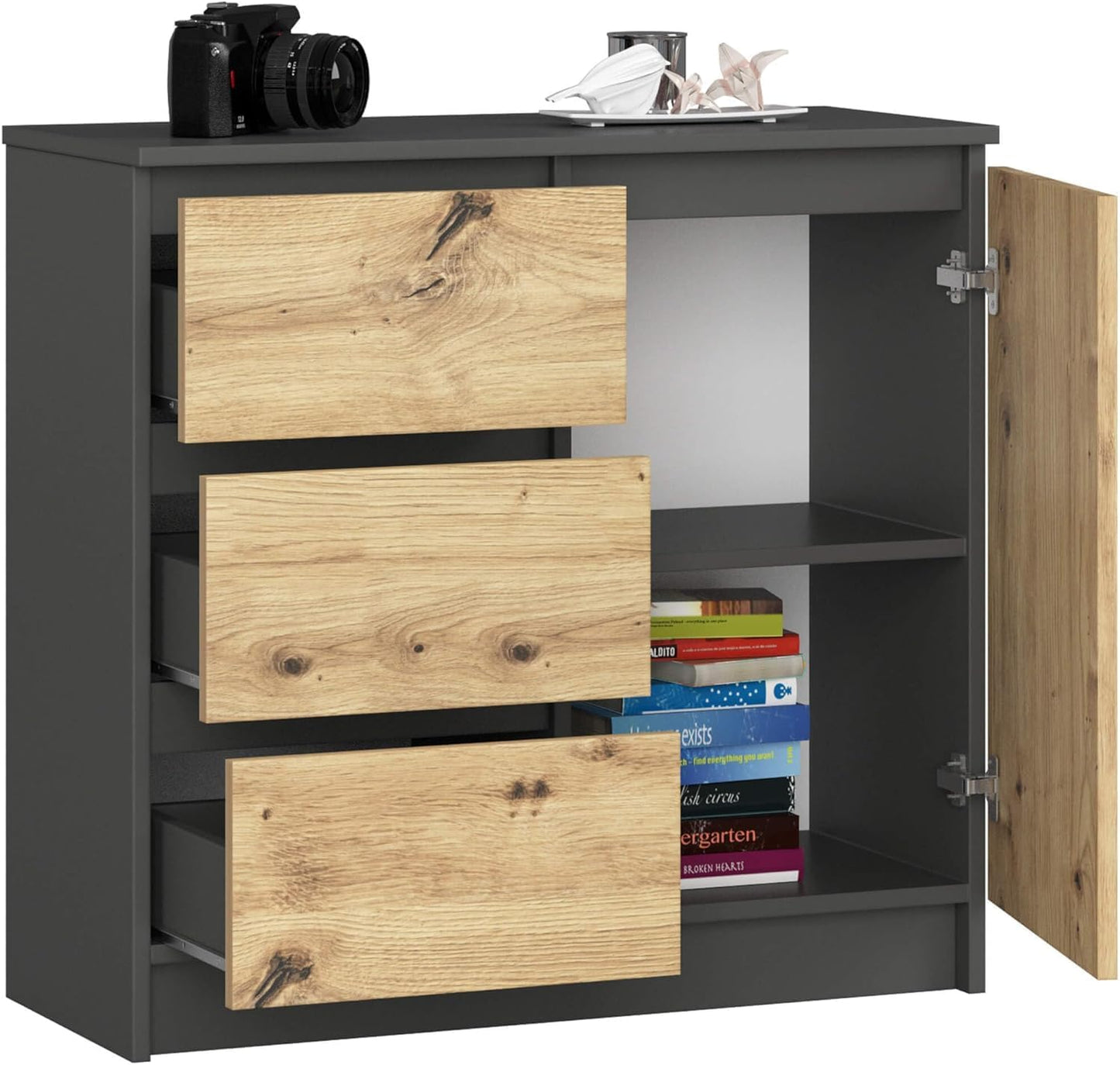 FurniFlex K-80 Chest of 3 Drawers Bedroom Wardrobe, 80 cm x 77 cm x 35 cm Size, Grey/Artisan Oak