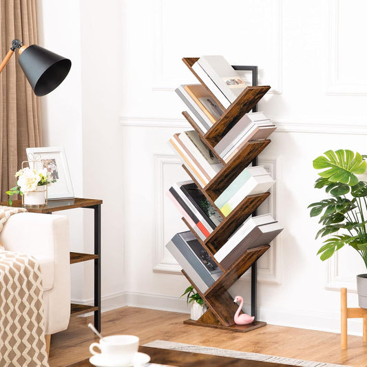 HOOBRO Tree Bookshelf Tall, 9-Tier Floor Standing Book Shelf, Tall Bookcase with Wooden Shelves for CDs Albums, Metal Frame, for Living Room, Kitchen, Home Office, Industrial, Rustic Brown EBF08SJ01