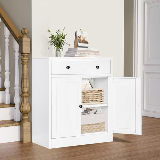 CJF Modern White Large Rectangular Floor Standing Cabinet with 1 Drawer & 2 Adjustable Shelves, Ideal for Entryway, Kitchen Pantry, Dining Room Buffet, Living Room Storage, Bathroom, Office Coffee Bar