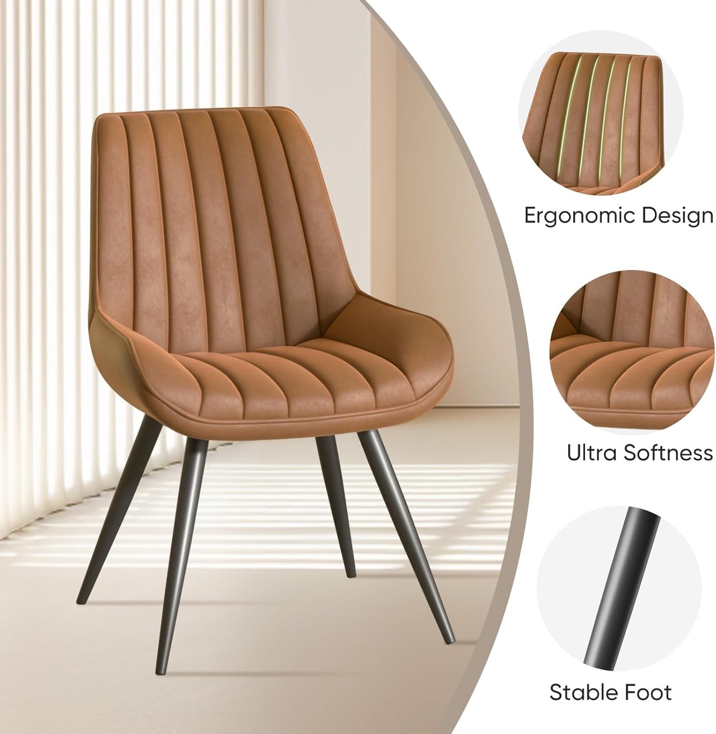 Nalupatio Modern Dining Chairs Set of 6, Comfy Dining Room Chairs with Thick Cushions, Upholstered Fabric Kitchen Side Chairs with Metal Legs, Brown