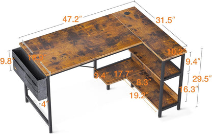 ODK 48 Inch Small L Shaped Gaming Computer Desk with Power Outlets, Reversible Storage Shelves & PC Stand for Home Office, Simple Writing Study Table with Storage Bag for Small Space, Vintage