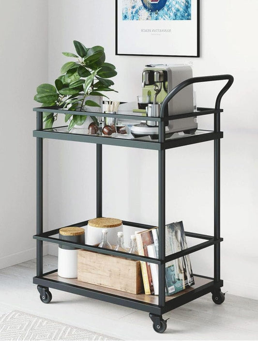 AR CORNER sama steel tea cart flexible to move with dimensions 40cm * 80cm * height 85cm made of steel with black electrostatic coating and have shelves from transparent glass 8mm and light brown wood