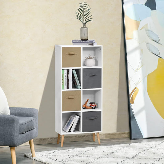 FurniFlex Free-Standing 8 Cube Storage Cabinet with 4 Fabric Drawers, 54.5 cm Length x 24 cm Width x 122.5 cm Height