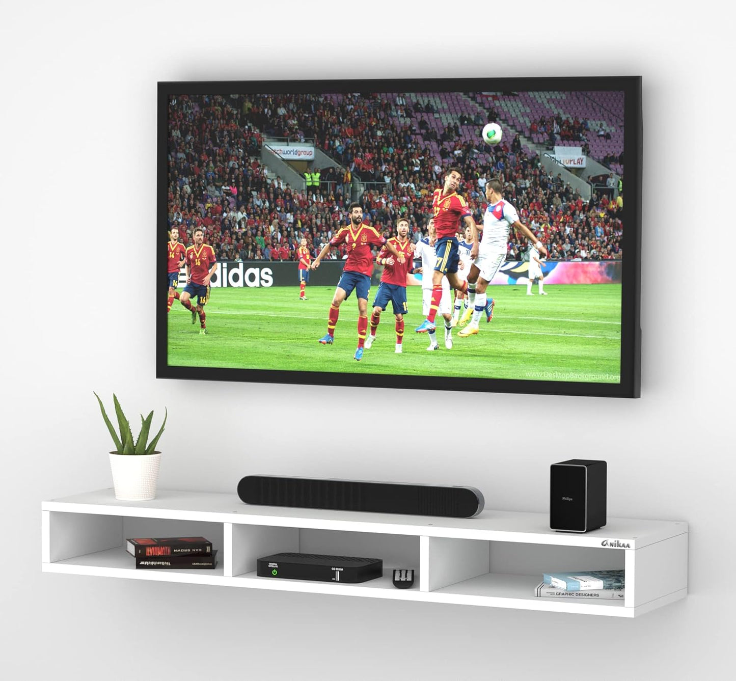 Anikaa James Engineered Wood Wall Mount TV Unit/TV Stand/Wall Set Top Box Stand/TV Cabinet/TV Entertainment Unit (White)(Upto 60 Inch)(D.I.Y)