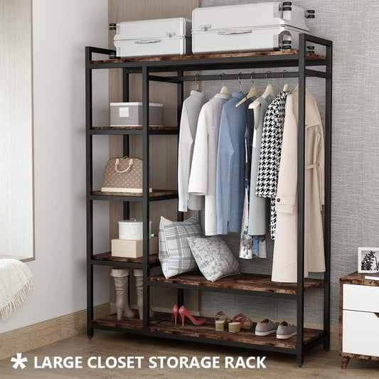 LITTLE TREE Free Standing Wood Closet Clothes Rack, Heavy Duty Garment Rack With Shelves, Hanging Racks for Clothing, Bedroom Wardrobe Closet Organizer, 350 lb Capacity, Rustic