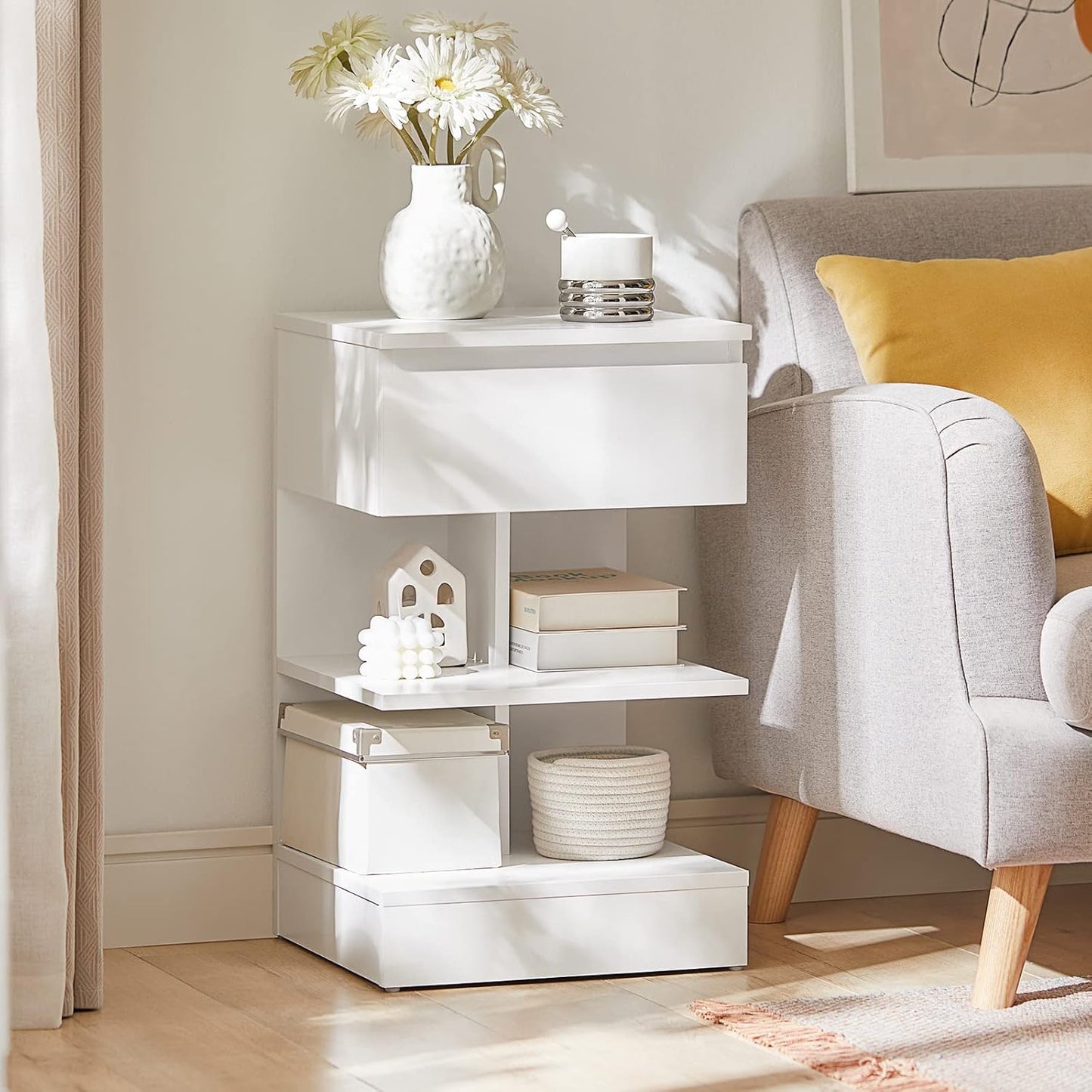 SoBuy FBT49-W Side Table Bedside Table with 1 Drawer and 3 Shelves White W x H x H x D: 39 x 65 x 39 cm