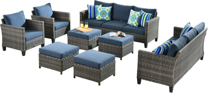 OVIOS Modern 8 PCS High Back Outdoor Furniture Set, Wicker & Steel, Grey-Denim Blue