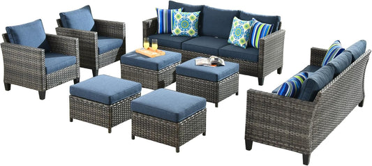 OVIOS Modern 8 PCS High Back Outdoor Furniture Set, Wicker & Steel, Grey-Denim Blue