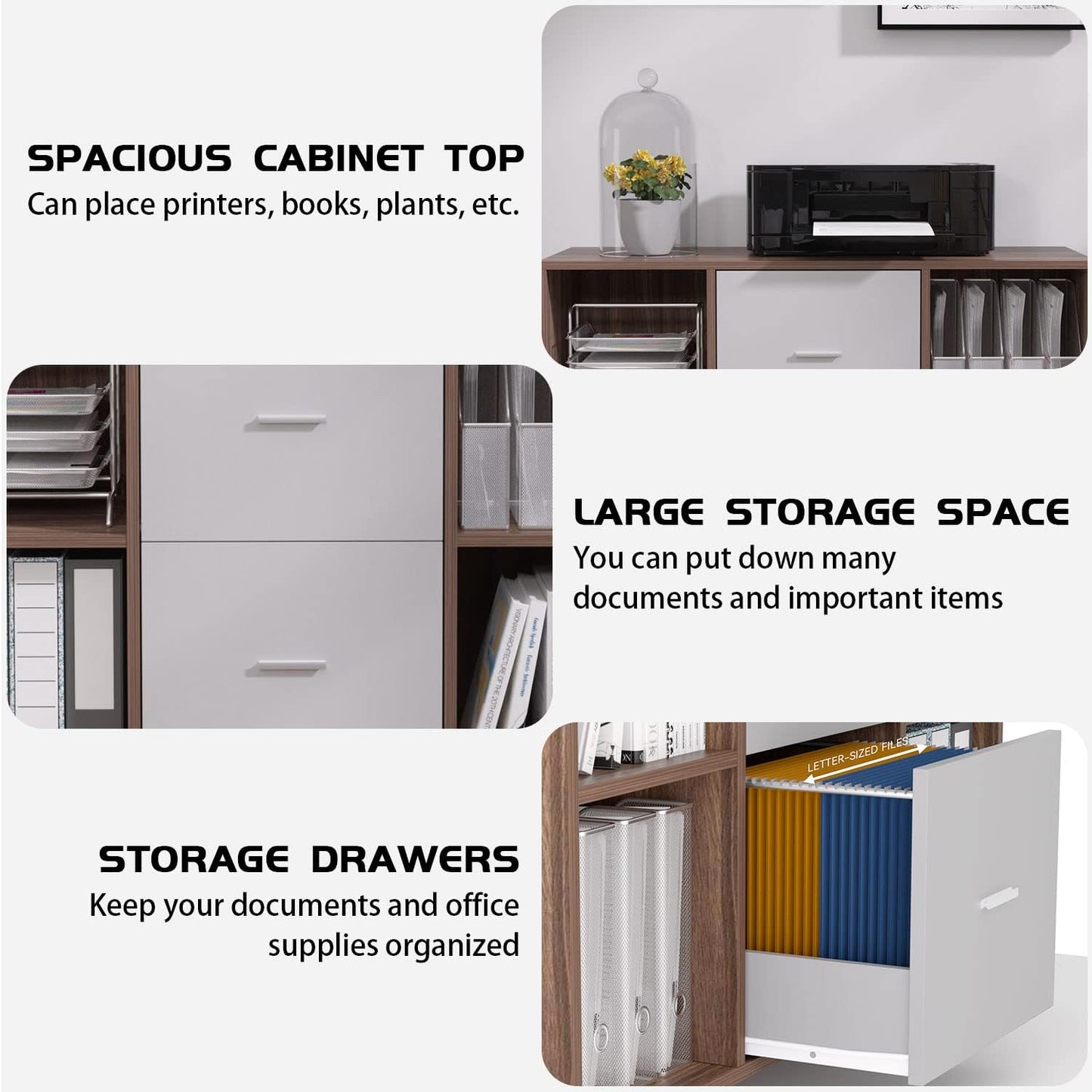 Williamspace File Cabinet for Home Office Filling Cabinets with 2 Drawer & 4 Shelves, Large Mobile Printer Stand with Storage Cabinet on Wheels (Walnut + Grey)