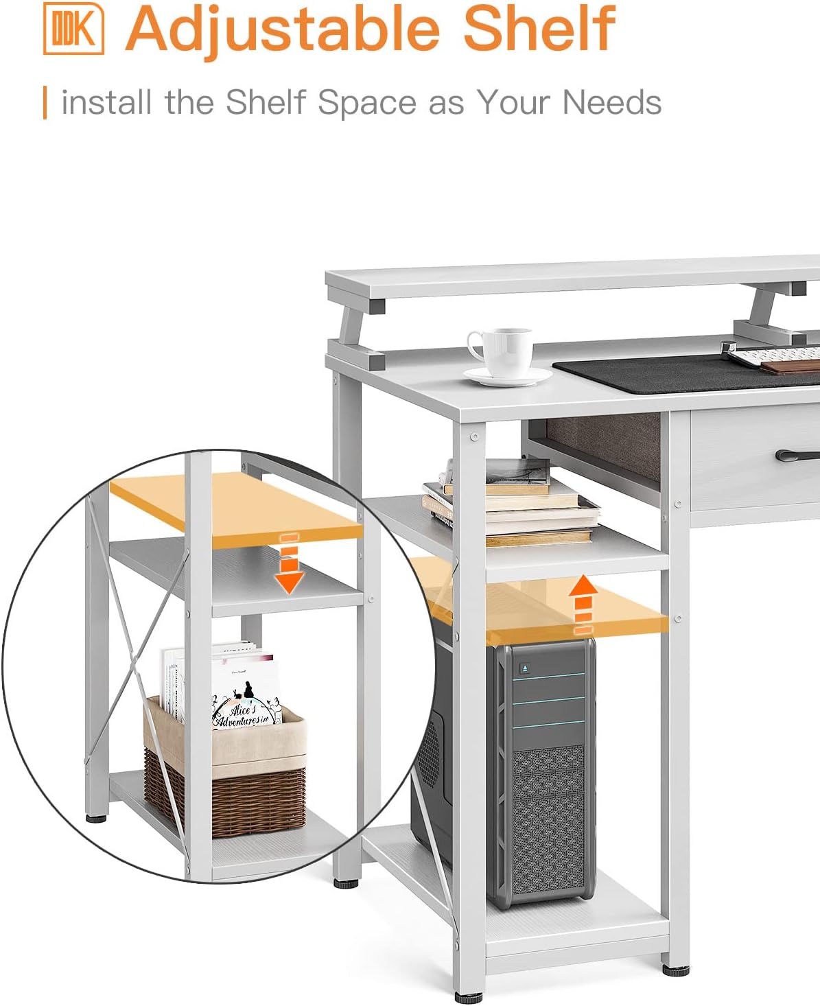 ODK Computer Desk 40" Table: Office Desk with Drawers & Wood Storage Shelves, Home Work Writing Desk & Large Space Monitor Stand, White