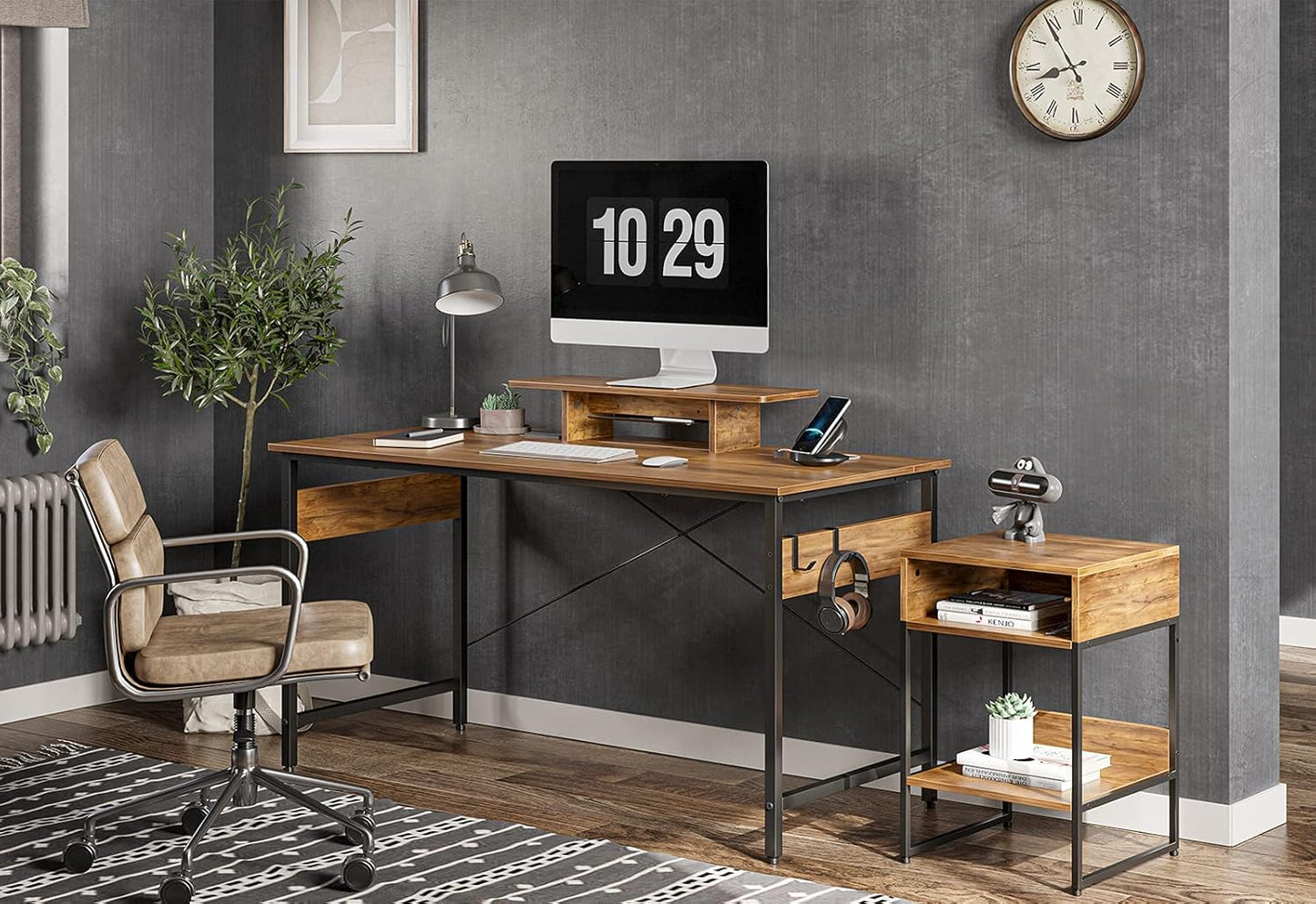 CubiCubi Small Computer Desk 40" Home Office Desk with Storage Table, Modern Writing Style PC Table with Mobile Phone Bracket and Hooks, Fir
