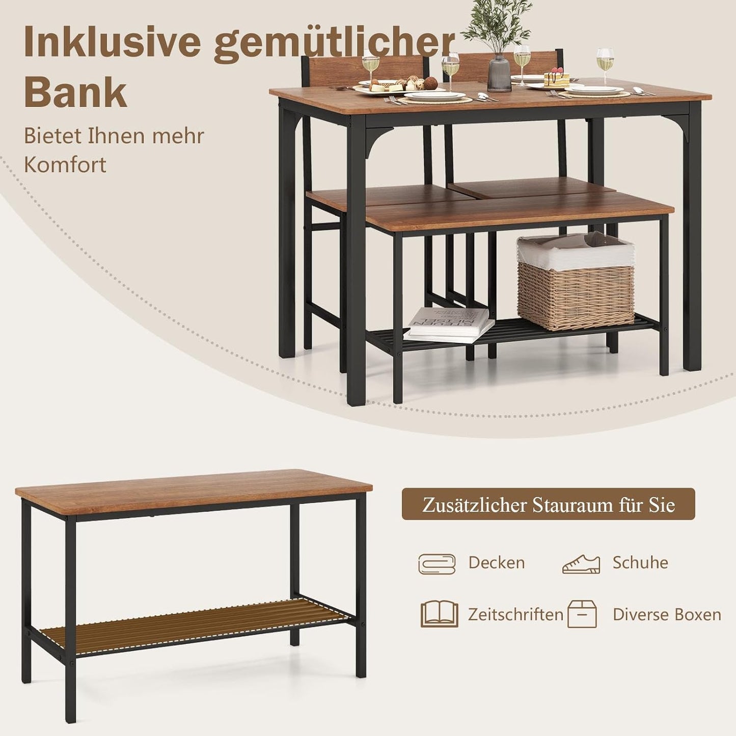 RELAX4LIFE Dining Table Set 4-Piece Dining Room Table with 2 Chairs & Bench, Seating Set with Storage Shelf, Bar Table with Metal Frame, Industrial Design, Dining Room Set for Kitchen, Dining Room