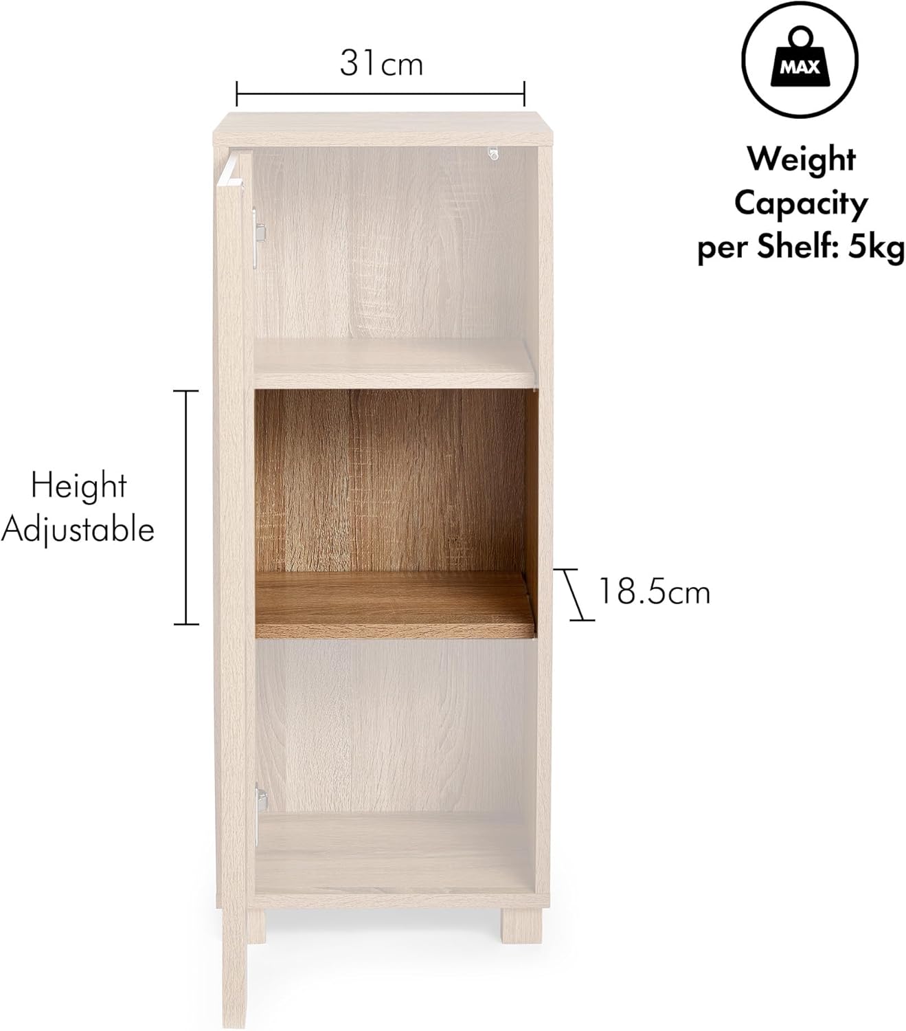 VonHaus Bathroom Storage Cabinet – Oak Wood Effect Bathroom Floor Cabinet w/Handleless Design - Small Floor Standing Cabinet w/Cupboard - Storage Unit for Bathroom, Kitchen & Hallway - Chester