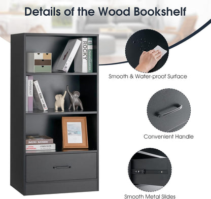 COSTWAY Wooden Bookcase, Freestanding Storage Bookshelf Cabinet with 3-Tier Open Shelves & Drawer, Display Rack Shelving Unit Cupboard for Living Room, Bedroom, Hallway and Office (Black)