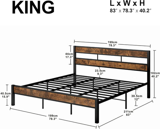 LIKIMIO King Bed Frame, Easy Assembly, Noise-Free, No Box Spring Needed, Heavy Strong Metal Support Frames, Double-Row Support Bars, Vintage Brown