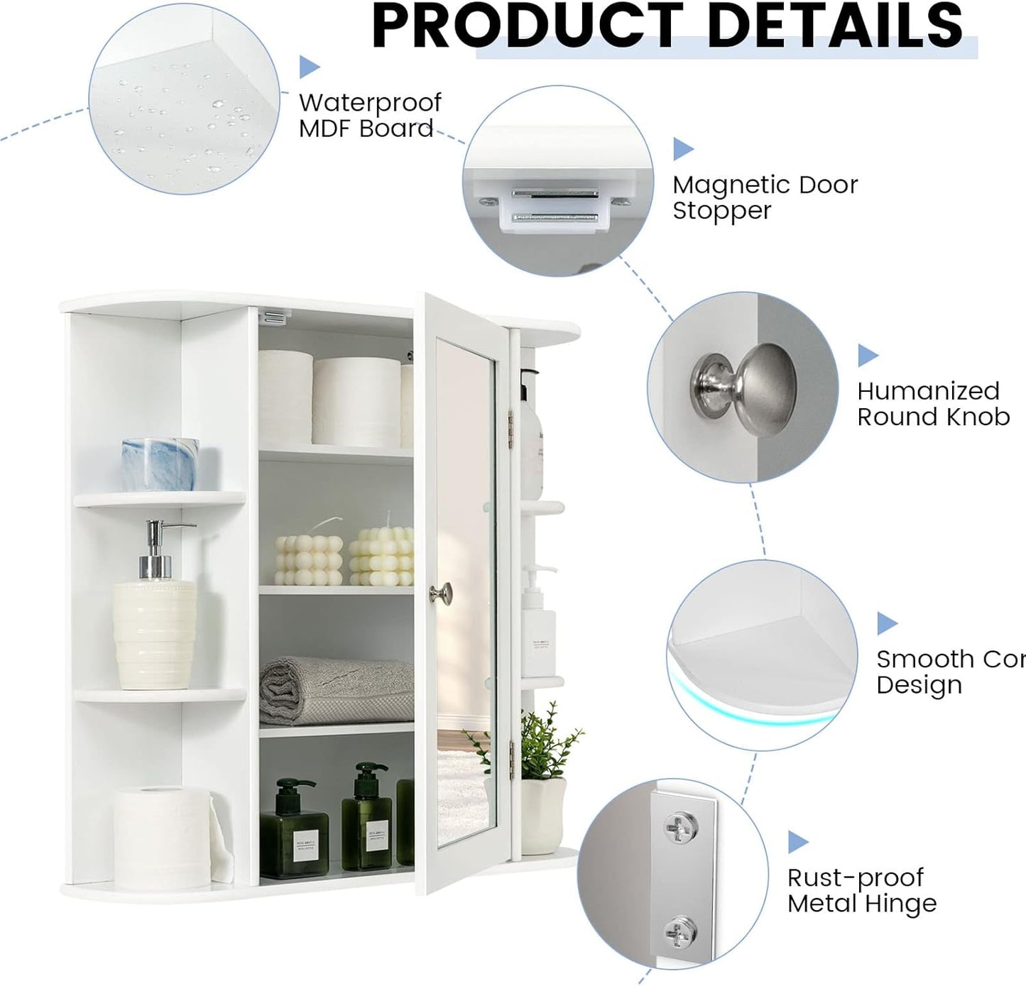 LIFEZEAL Bathroom Wall Cabinet with Mirror, MDF Hanging Storage Unit, Height Adjustable Shelves, Toilet Storage Cupboard 66 x 16.5 x 62 cm (White)