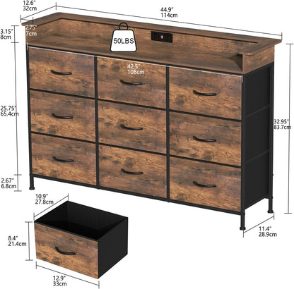 EXOTICA Industrial Dresser for Bedroom with Charging Station and LED Light Fabric Storage Dresser with 9 Fabric Drawers Chest of Drawers for Closet Hallway Sturdy Steel Frame Wooden Top