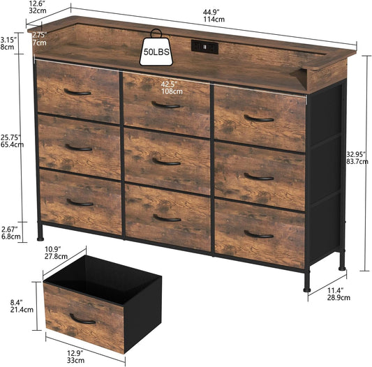 EXOTICA Industrial Dresser for Bedroom with Charging Station and LED Light Fabric Storage Dresser with 9 Fabric Drawers Chest of Drawers for Closet Hallway Sturdy Steel Frame Wooden Top