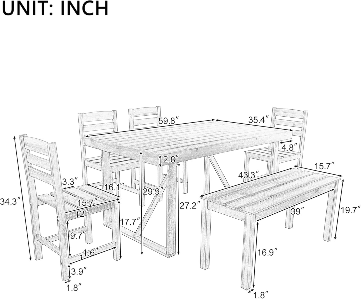 EOVTK 6-Piece Patio Wooden Dining Set with 59.8'' Rectangular Table, 4 Chair & Bench, Outdoor Conversation Furniture for Balcony, Vourtyard and Garden, Brown