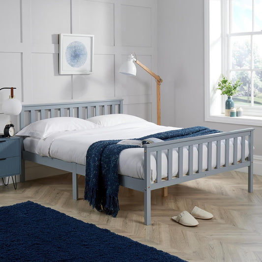 Home Source Grey Wooden Bed 4ft 6 Solid Pine High End Slatted Base, Double
