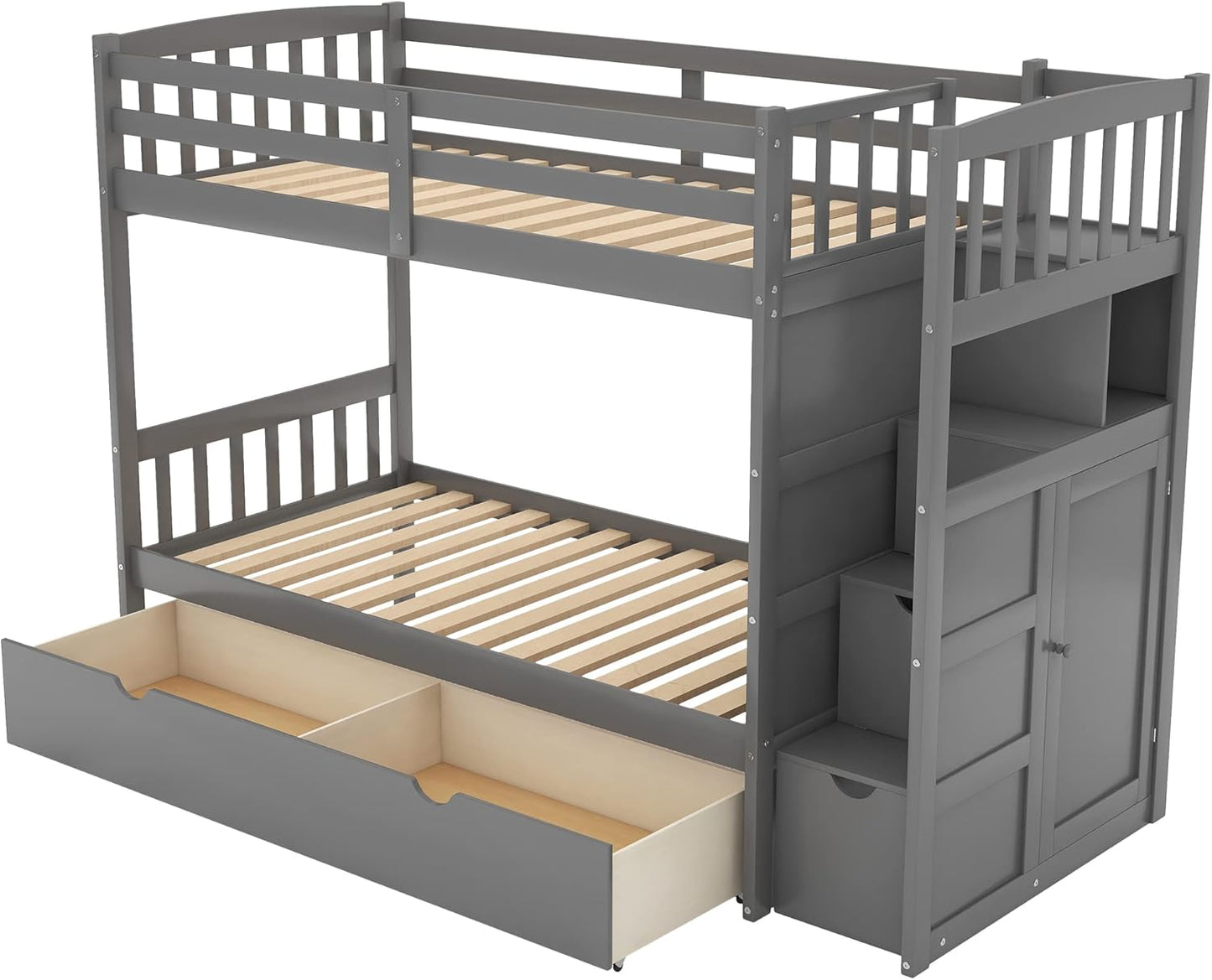 Harper & Bright Designs Twin Over Full Bunk Bed?Twin Bunk Bed for Kids,Bed Frame with Convertible Bottom Bed, Storage Shelves and Drawers for Kids,Adults(Grey)