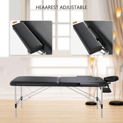AWQM Massage Table 73 inch Massage Bed Spa Bed Aluminium Frame Height Adjustable 2 Fold Portable Facial Salon Tattoo Bed, Black