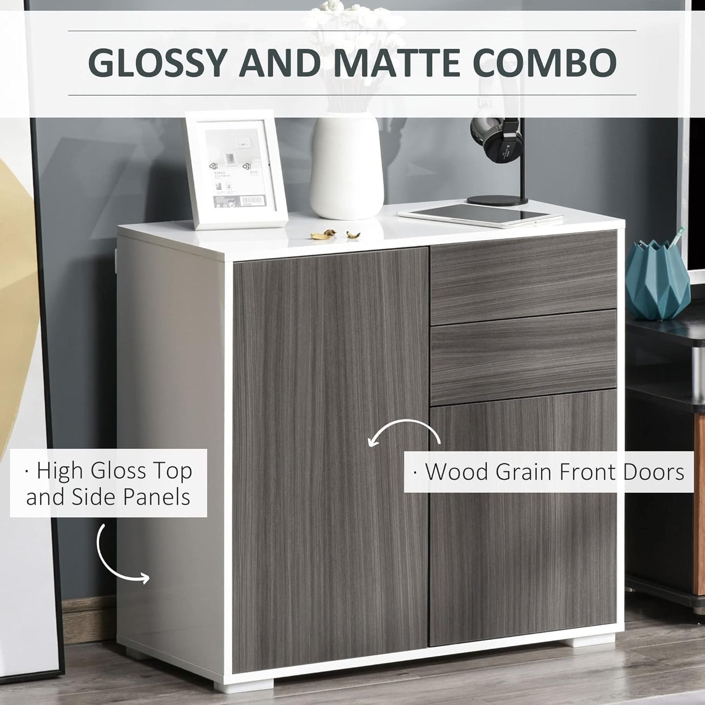 FurniFlex 2-Drawers High Gloss Sideboard Cabinet with Push-Open Design, Light Grey/White