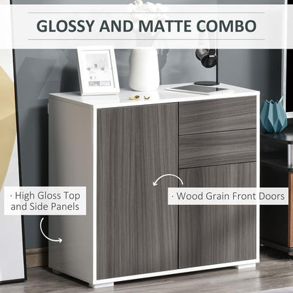 FurniFlex 2-Drawers High Gloss Sideboard Cabinet with Push-Open Design, Light Grey/White