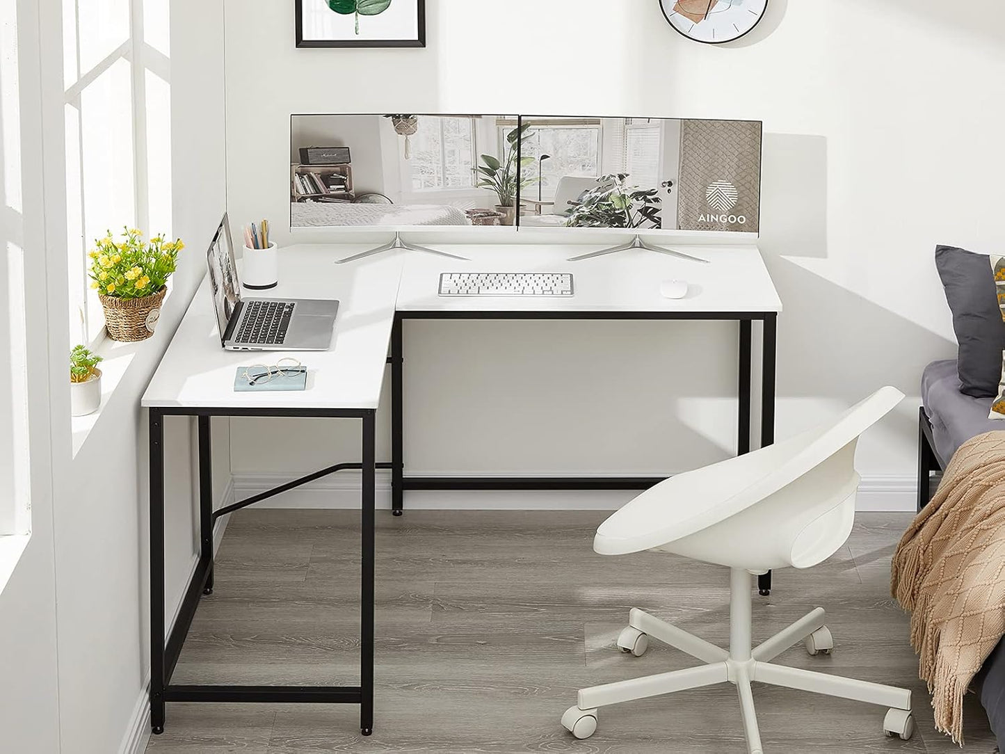 Aingoo Corner Desk L Shaped Desk Sturdy Home Office PC Laptop Workstation Gaming Computer Desk Study Writing Table 128 * 108 * 75CM Easy to Assemble, White
