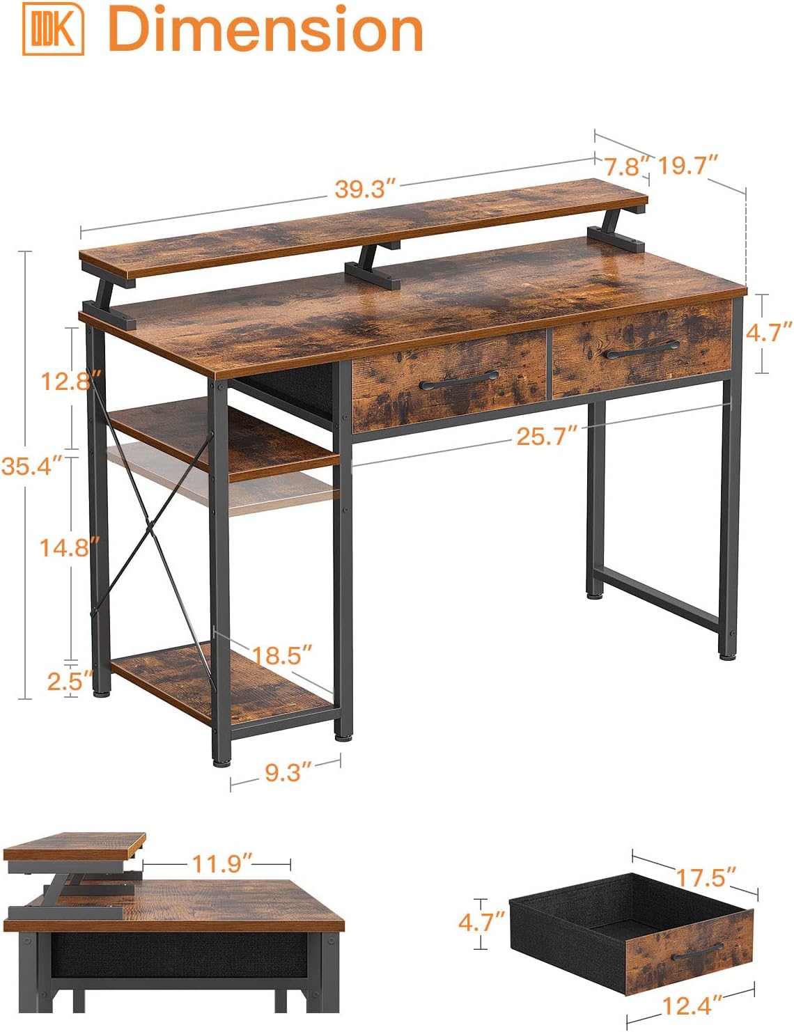 ODK Computer Desk 40" Table: Office Desk with Drawers & Wood Storage Shelves, Home Work Writing Desk & Large Space Monitor Stand, Rustic Brown