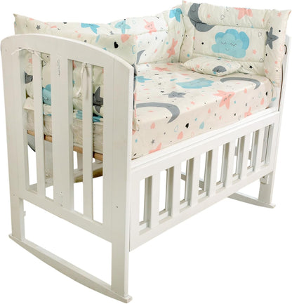 Baby Bed Made of Beech Wood White 3 Levels Open from the Side for Easy Attachment to Mother Bed Comes with Mattress + 4 Pieces Fiber Sides with Sheet and Pillow Free Gift