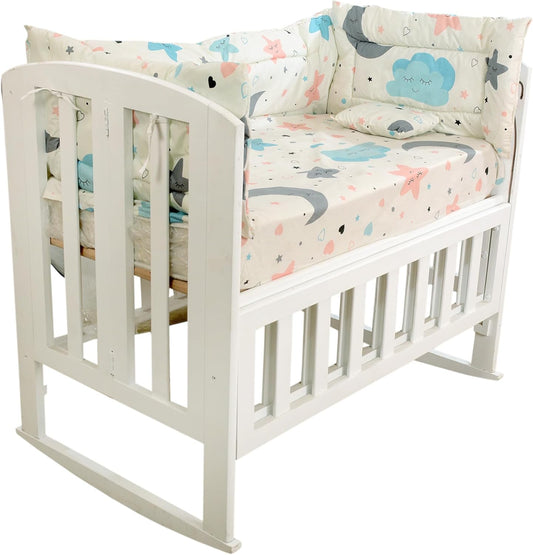 Baby Bed Made of Beech Wood White 3 Levels Open from the Side for Easy Attachment to Mother Bed Comes with Mattress + 4 Pieces Fiber Sides with Sheet and Pillow Free Gift