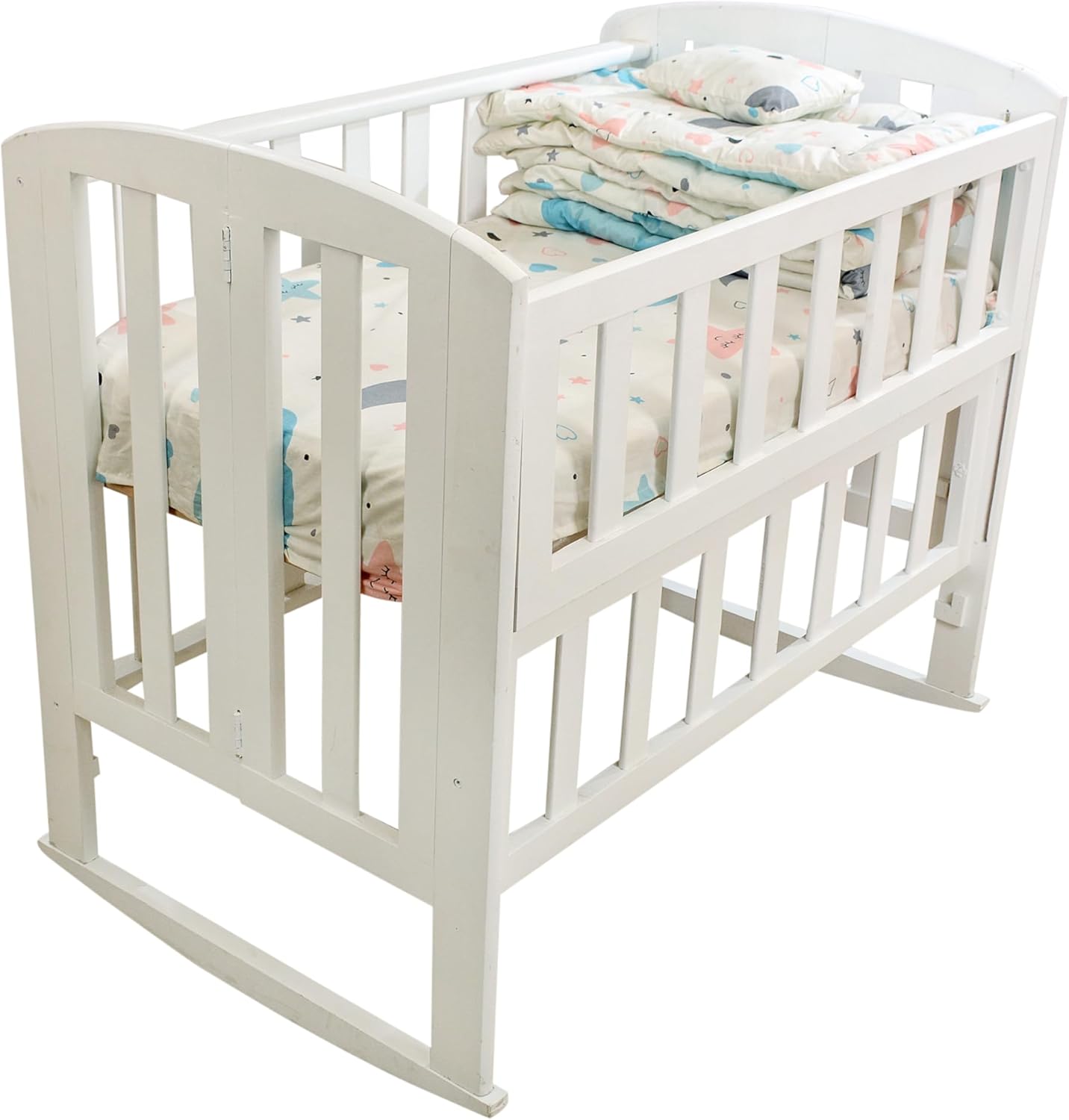 Baby Bed Made of Beech Wood White 3 Levels Open from the Side for Easy Attachment to Mother Bed Comes with Mattress + 4 Pieces Fiber Sides with Sheet and Pillow Free Gift