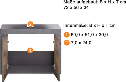 trendteam smart living Indy Bathroom Vanity Unit 72 x 56 x 34 cm in Old Wood Front with Matera Body and Panel with Lots of Storage Space