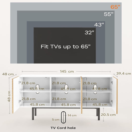 roomfitters Modern TV Cabinet, TV Unit for TVs up to 65”, Wood TV Stand Cabinet, Mid Century TV Media Units with Storage, TV Cupboard for Living Room, Wood Print Carved Geometric Design