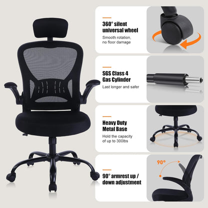 ralex-chair Office Chair Ergonomic Desk Chair Comfort Adjustable Height with Wheels，Lumbar Support Mesh Swivel Computer Home Office Study Task Chair Black