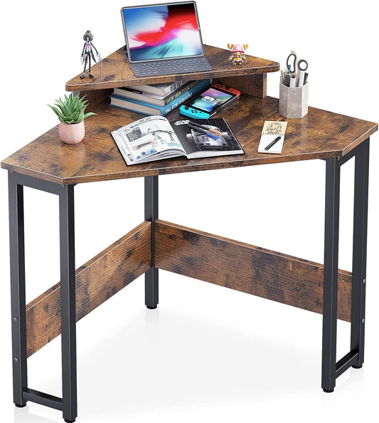 ODK Corner Desk Space Saving Small Desk with Sturdy Steel Frame, Computer Desk with Monitor Stand for Small Space, Easy Assembly Triangle Vanity Desk with Durable Wooden Desktop, Vintage