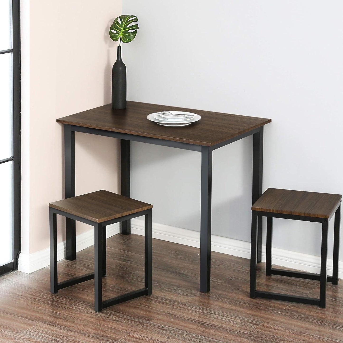 HOMOOI HOMURY 3 Piece Dining Table Set with Two Stools, Compact Kitchen Table for Kitchen, Dining Room, Dinette, Breakfast Nook, Dark Wood