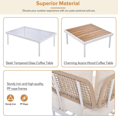 Ampela 8-Piece Sectional Sofa Tempered Wooden & Glass 2 Coffee Table/2 Single Ottomans/2 Corner Chairs,All-Weather Conversation Set for Outdoor Oasis,Garden,Patio,Poolside,Beige