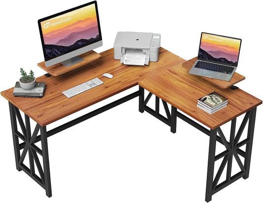 GreenForest L Shaped Desk with 2 Monitor Stand, 50.4 inch Reversible Corner Computer Desk for Home Office Study Gaming Workstation Crafting Table for Small Spaces, Easy Assembly, Walnut