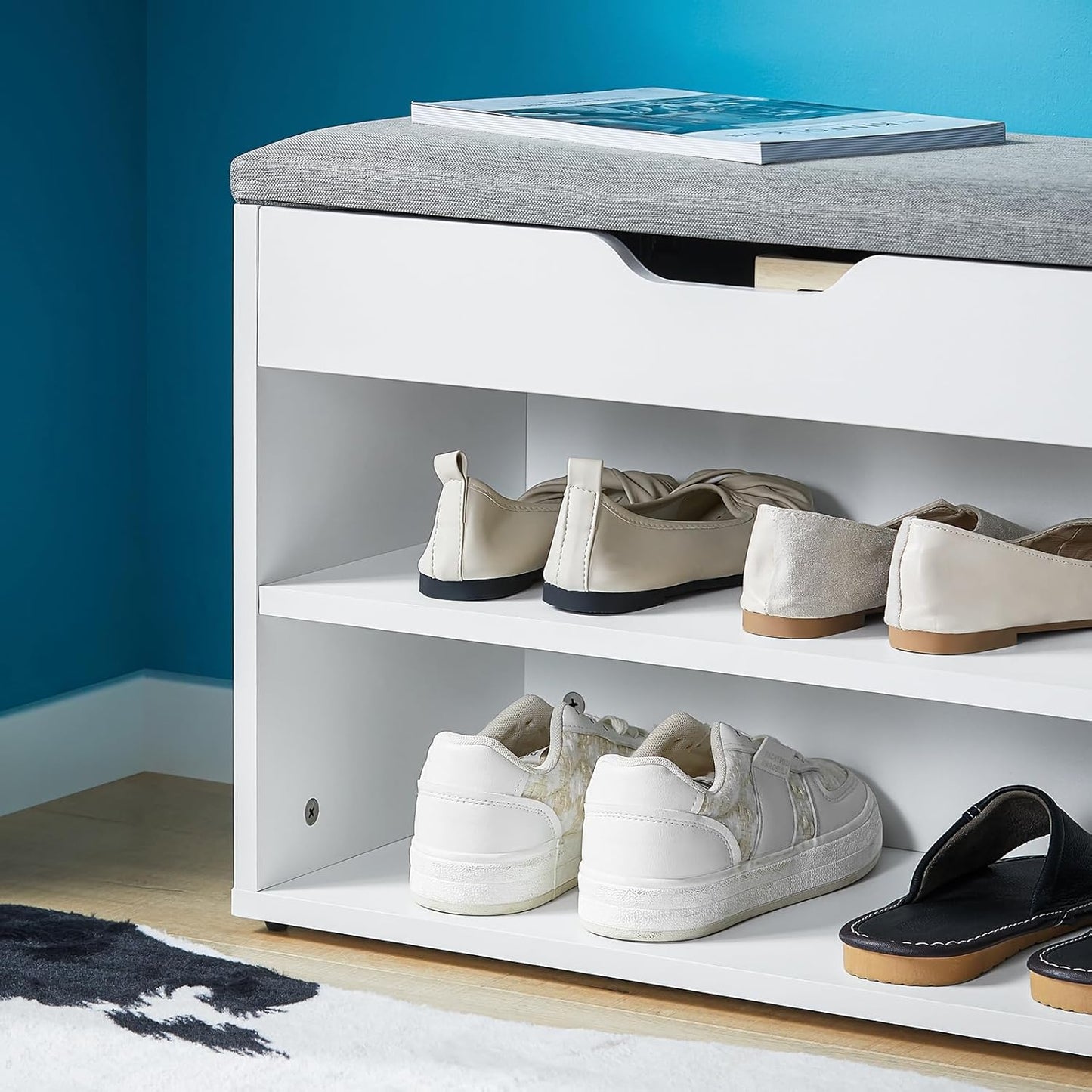 SoBuy FSR25-HG Shoe Bench with Seat, Shoe Rack, Shoe Cabinet, Shoe Chest, Light Grey, W x H x D x H x D approx. 60 x 43 x 30 cm