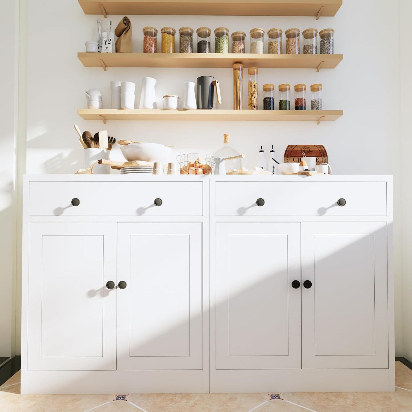 CJF Modern White Large Rectangular Floor Standing Cabinet with 1 Drawer & 2 Adjustable Shelves, Ideal for Entryway, Kitchen Pantry, Dining Room Buffet, Living Room Storage, Bathroom, Office Coffee Bar