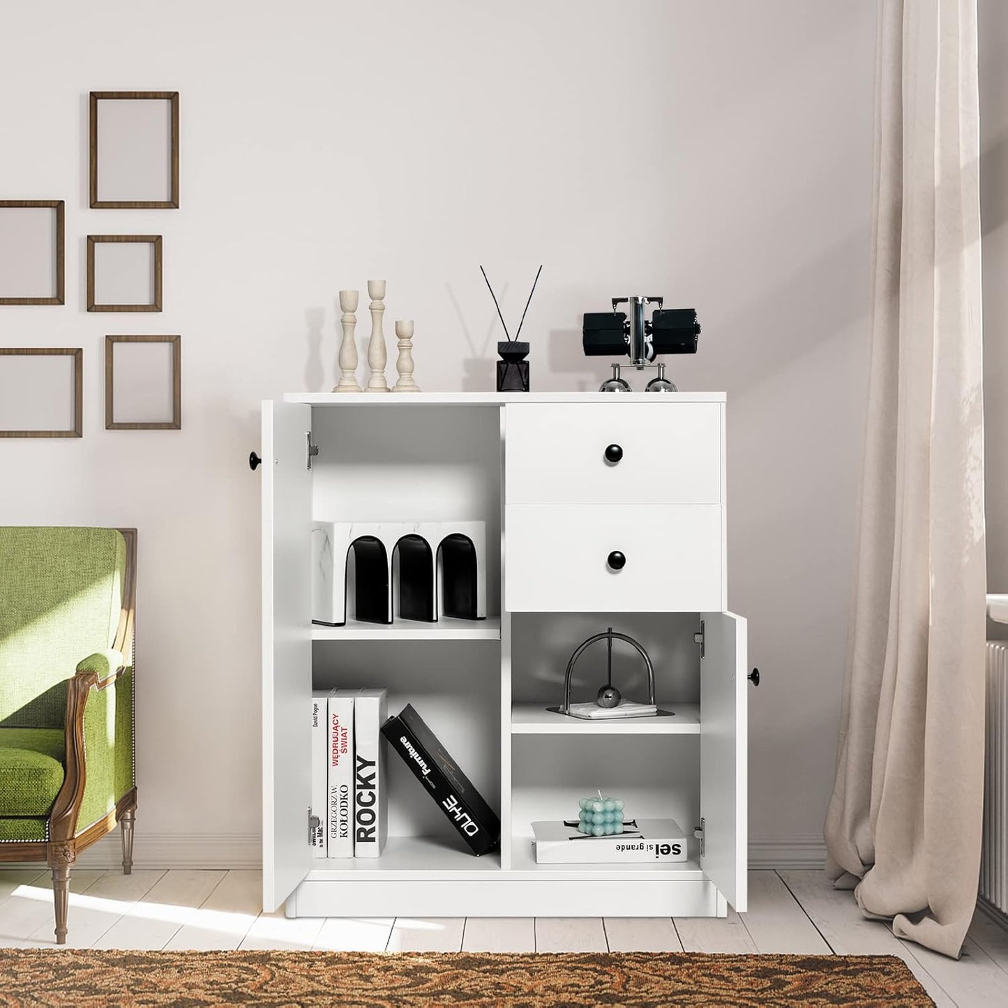 TANGZON Storage Cabinet, Wooden Buffet Sideboard with Doors, Shelves/Drawers, Freestanding Cupboard Unit for Kitchen Living Room Dining Room Hallway (2 Doors, 2 Drawers, White)